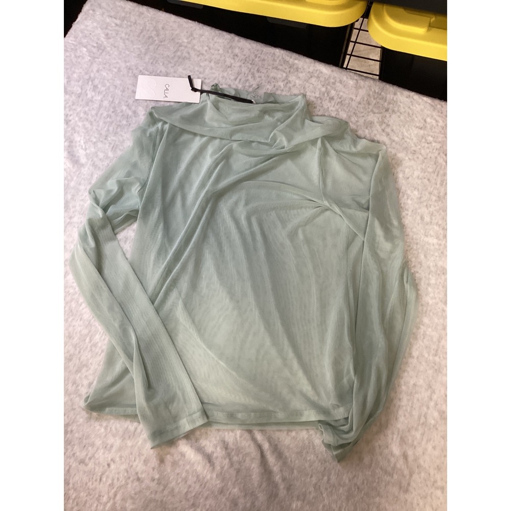 CALIA Draped Funnel Long‎ Sleeve Mesh Top Smoked Turquoise XXL New